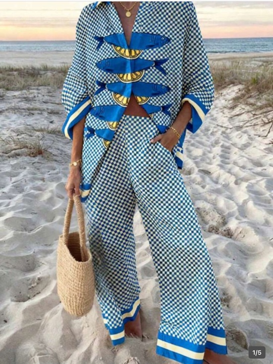 Pants - Blue Checkwide Fish-Print Wide Leg Pants